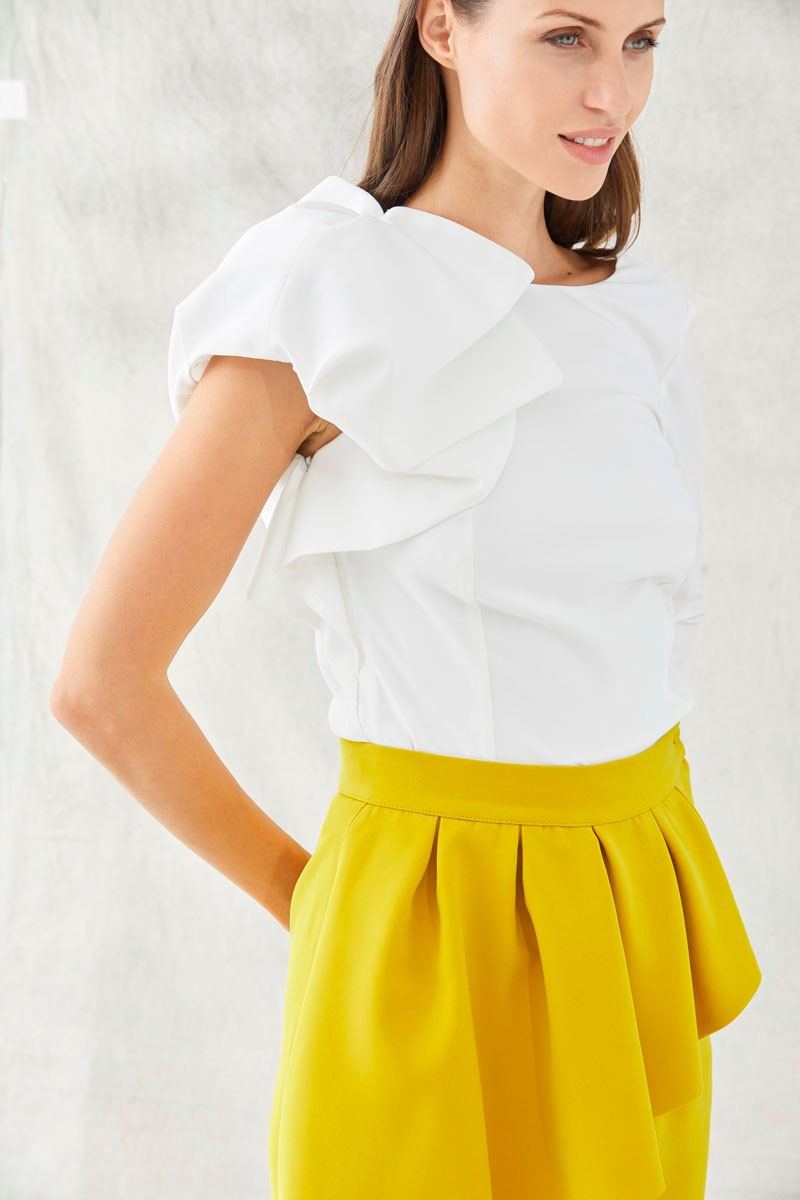 comprar online tops de fiesta blanco con manga abullonada y manga larga para invitadas de bodas