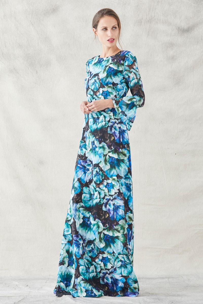 vestido stampado flores verdes azules morada  largo es con volantes en las mangas largas y lazada de terciopelo negro en el escote de pico de la espalda para invitadas de bodas eventos fiestas de apparentia