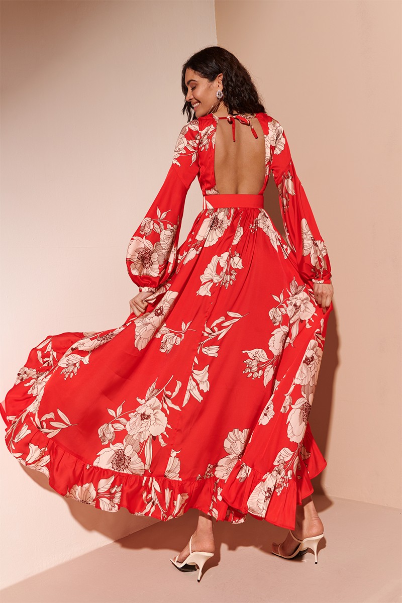 Comprar online vestido largo estampado flores en color rojo y beige para invitada de boda fiesta comunion bautizo verano 2023  feria abril