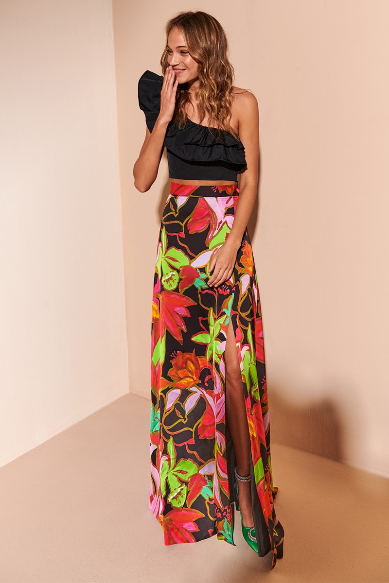 Shop online top asimétrico tafeta negra con volantes para invitada de boda bautizo comunion graduacion fiesta verano crop top black top 