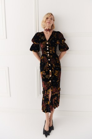 Vestido de fiesta de terciopelo estampado flores  para invitadas boda otoño